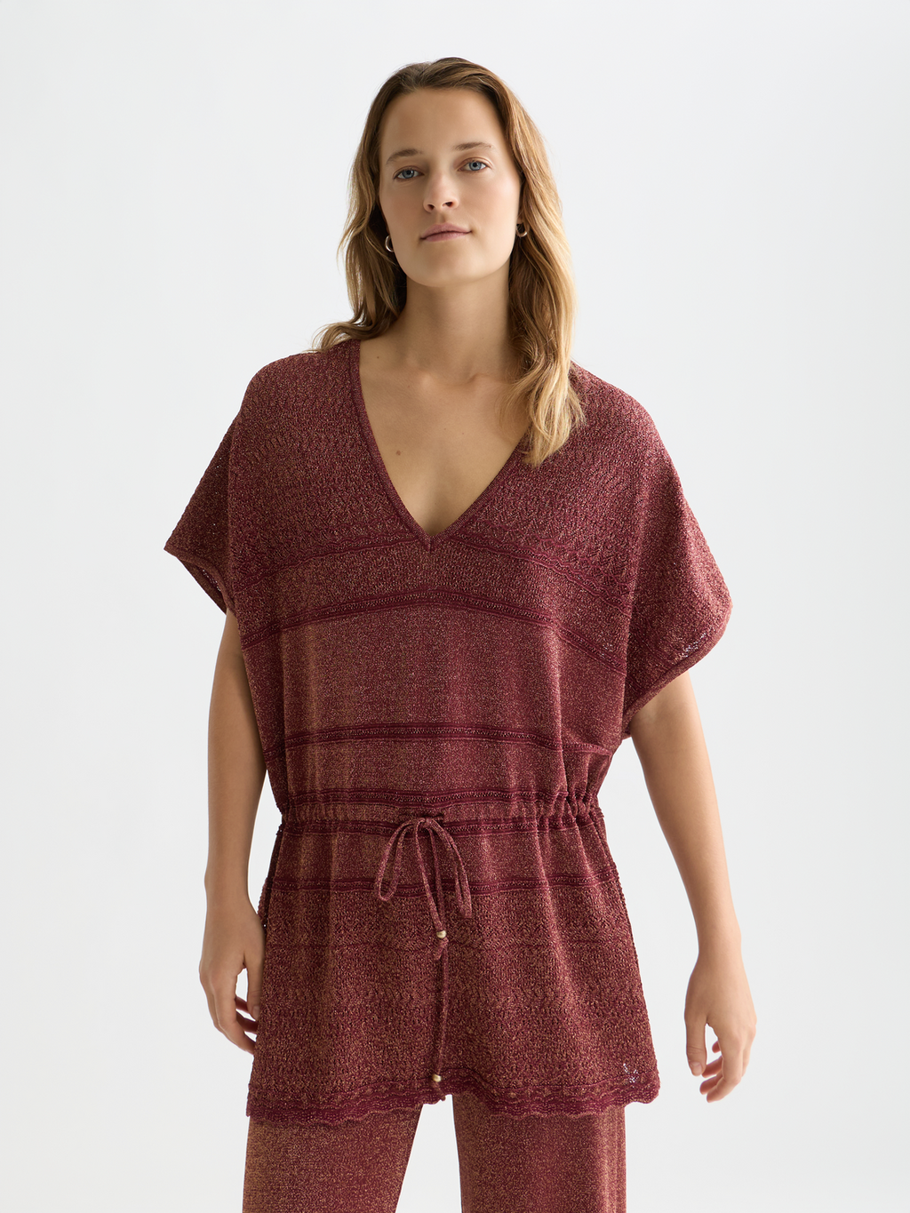Metallic pointelle knitted tunic
