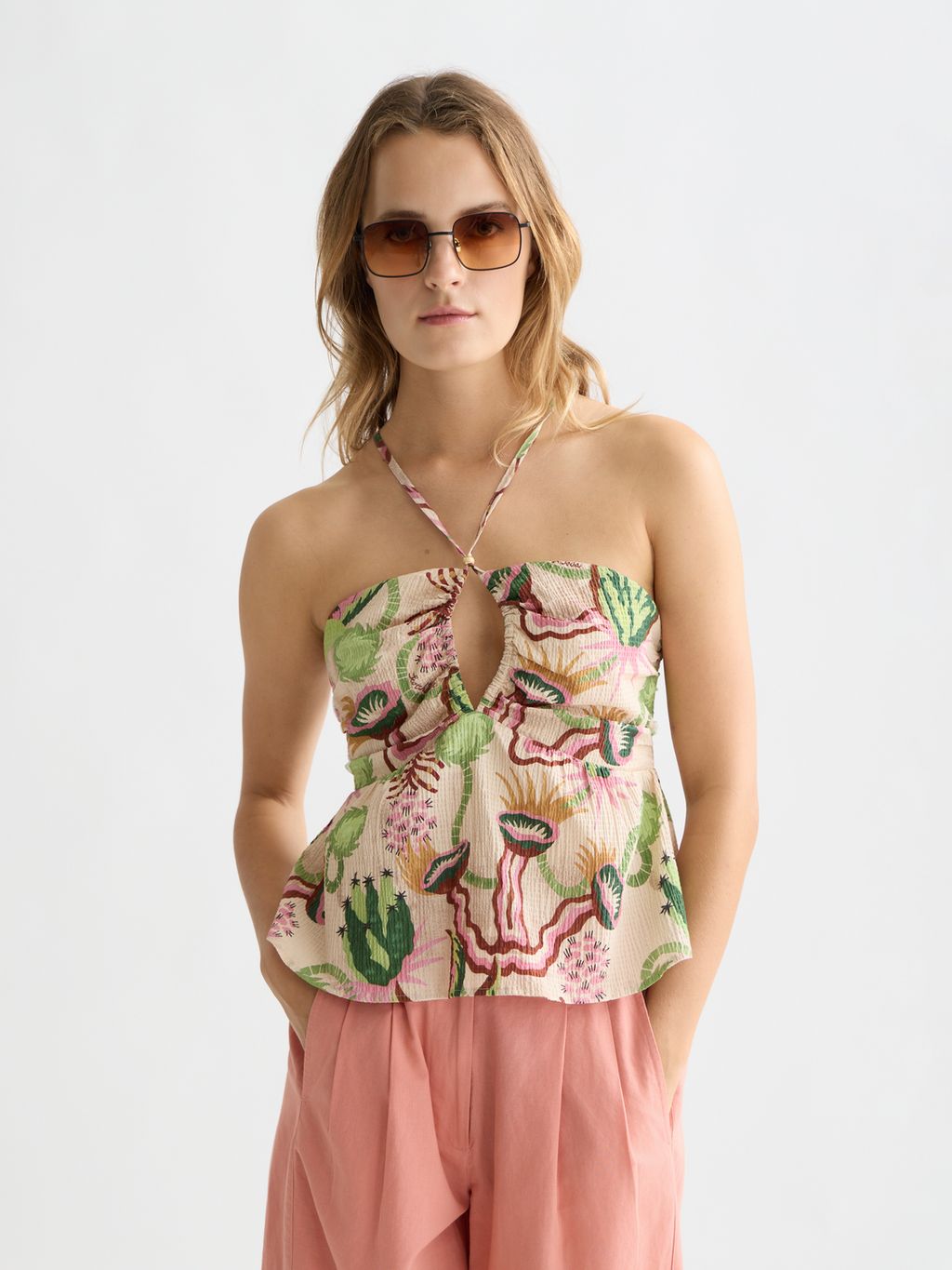 Cotton seersucker keyhole halter tank top