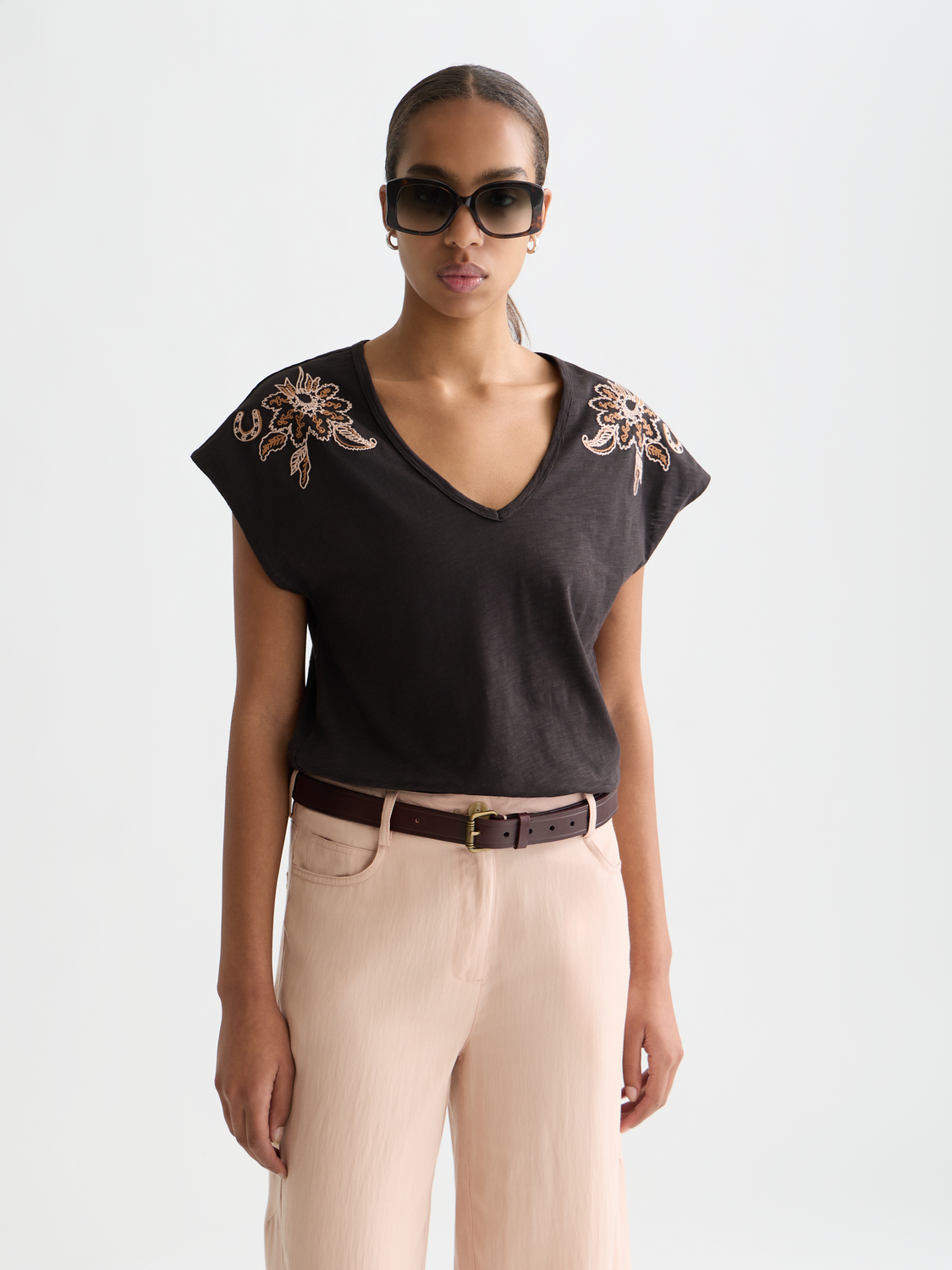 Embroidered V-neck T-shirt