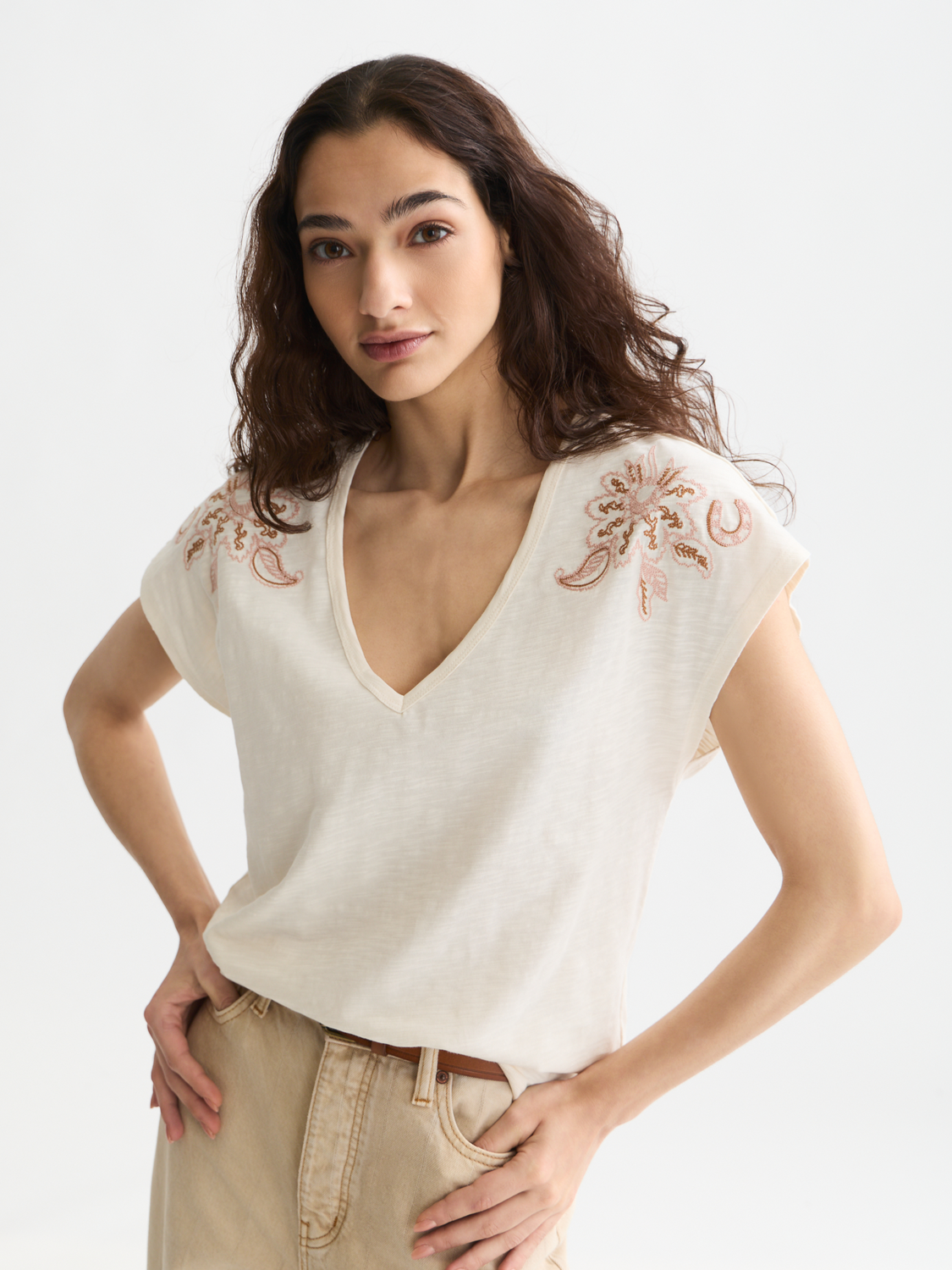 Embroidered V-neck T-shirt