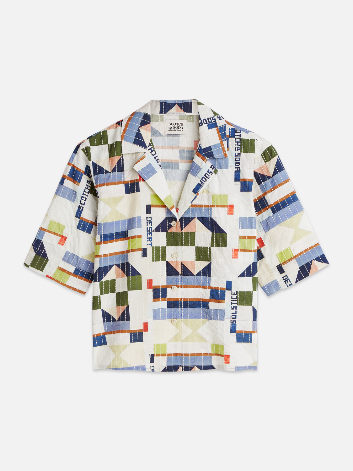 Stitch-embroidered printed short sleeve shirt