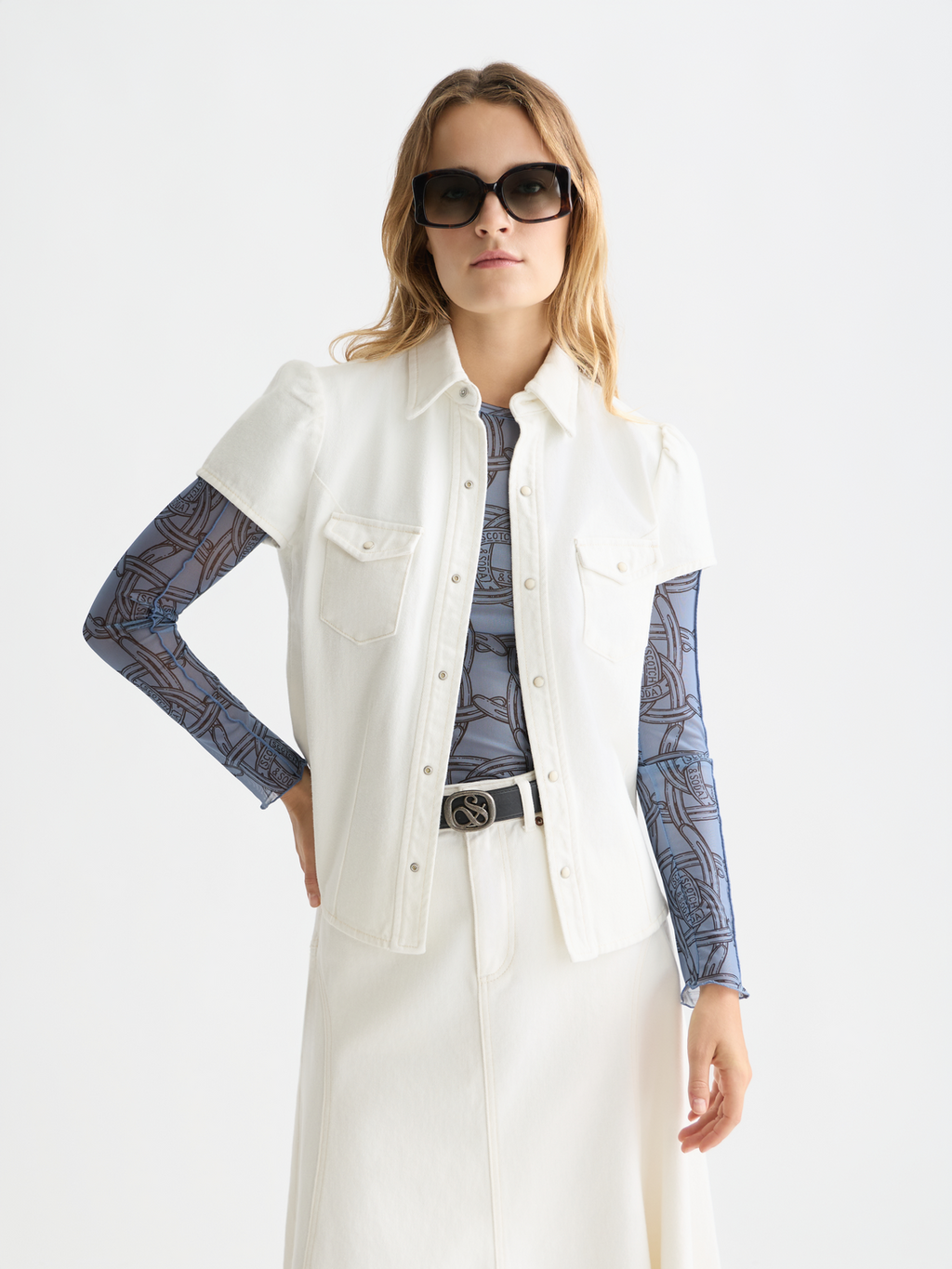 Cap sleeve denim shirt