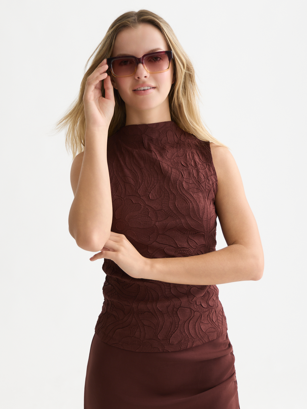 Embossed Crepe Mock Neck Tank