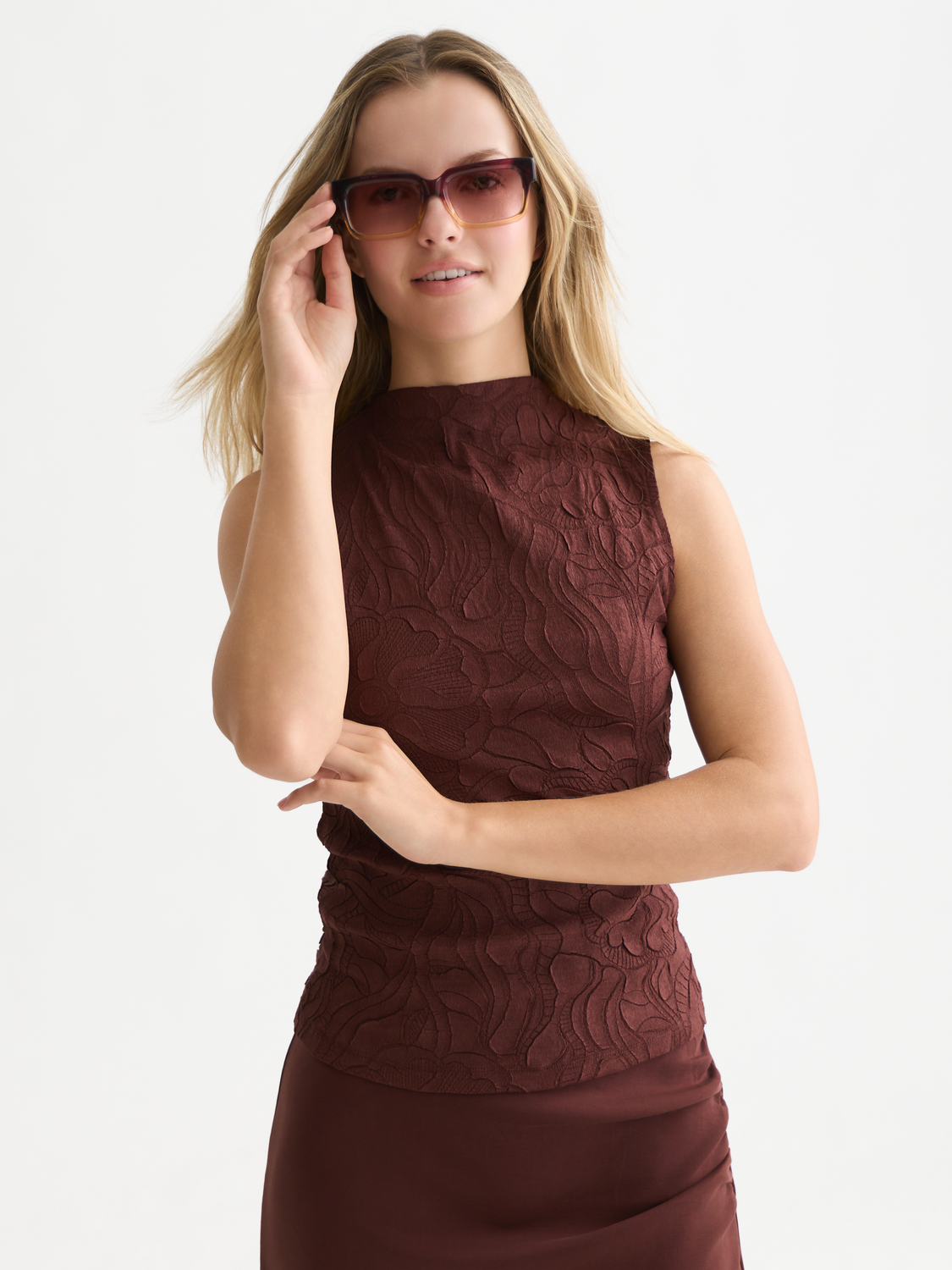 Embossed Crepe Mock Neck Tank