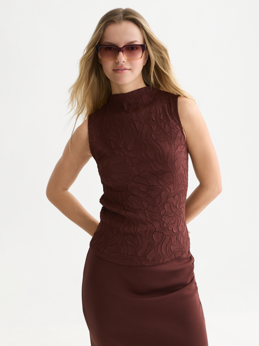 Embossed Crepe Mock Neck Tank
