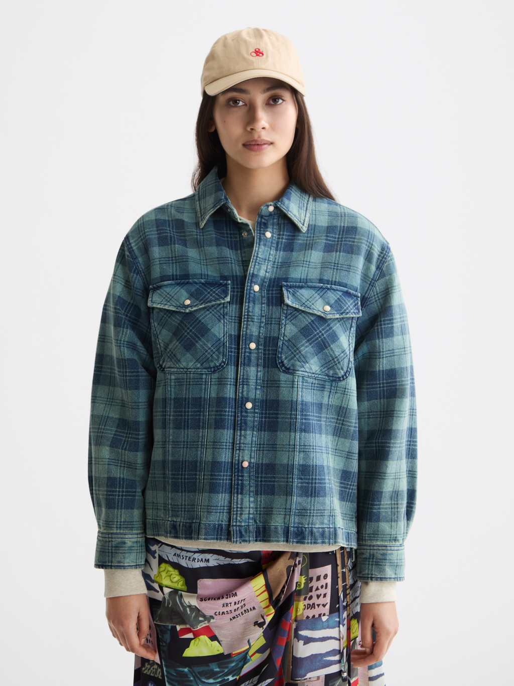 Washed denim checked overshirt