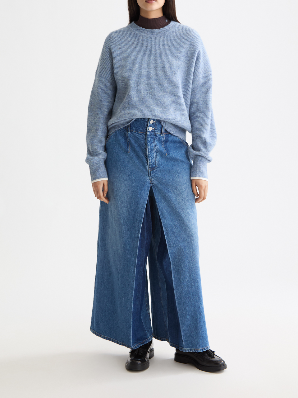 Fuzzy crew neck pullover - FADED DENIM MELANGE