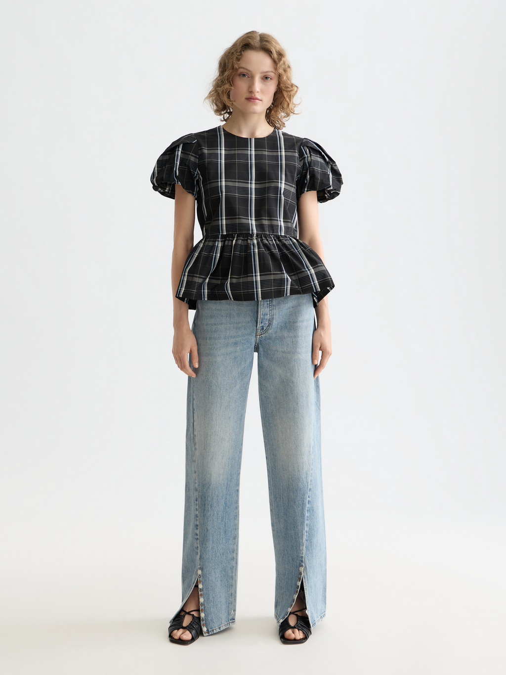Cap sleeve taffeta top with peplum