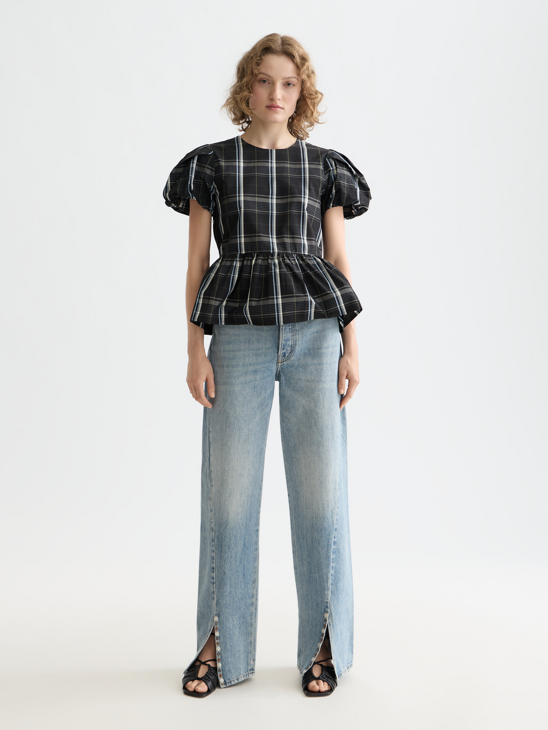 Cap sleeve taffeta top with peplum