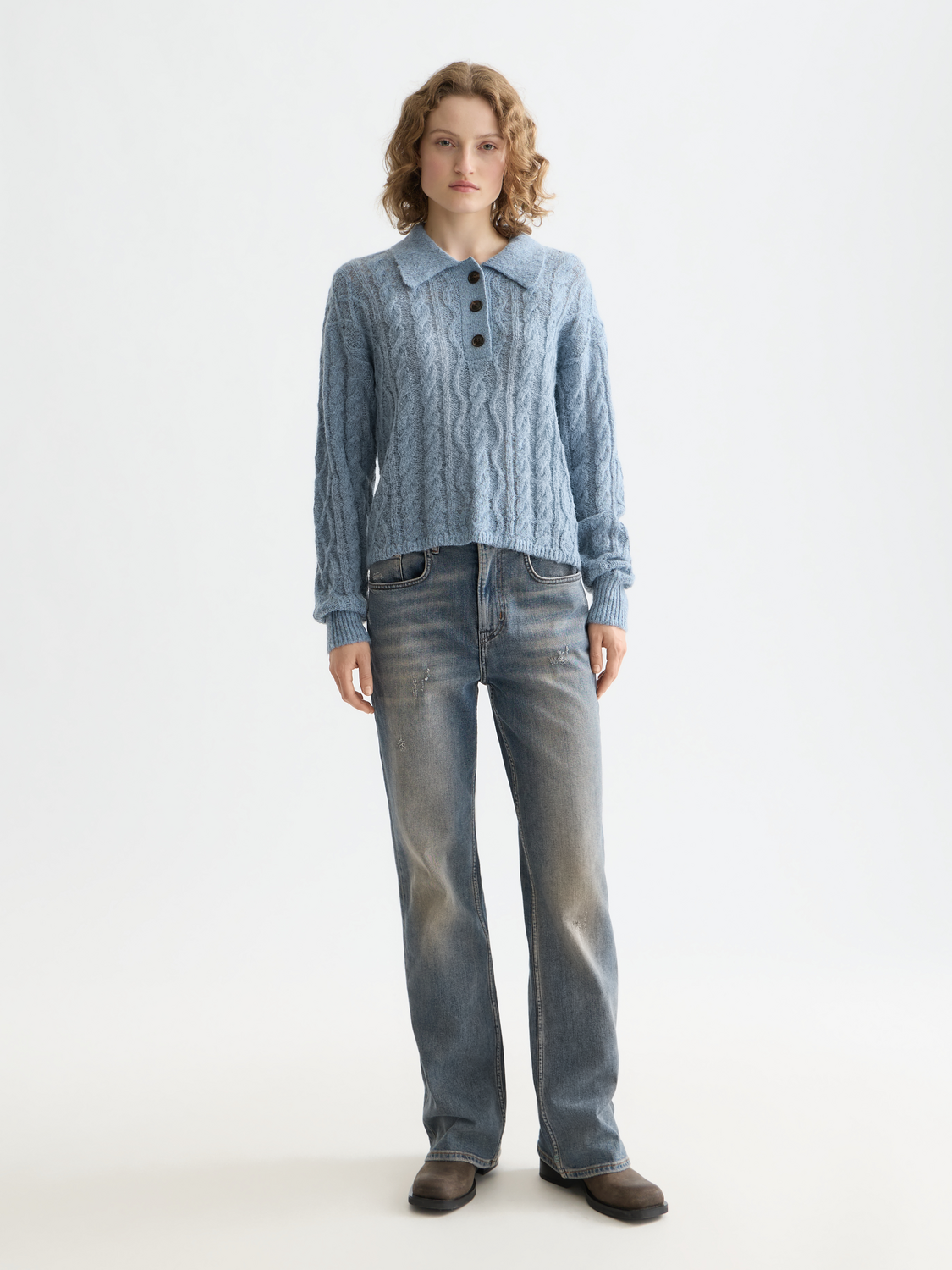 Cable stitch polo neck pullover