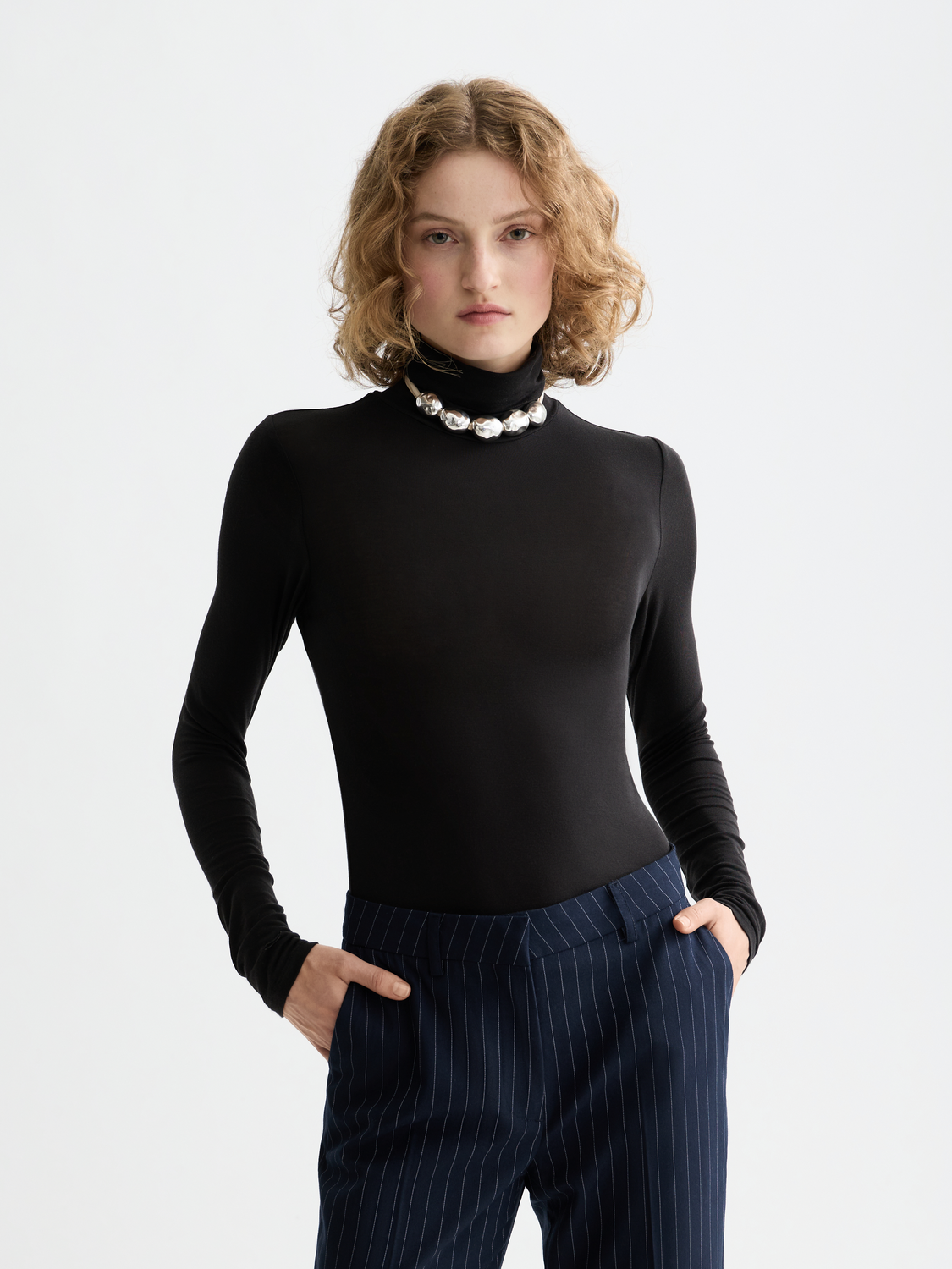 Essentials roll up neck long sleeve top - BLACK