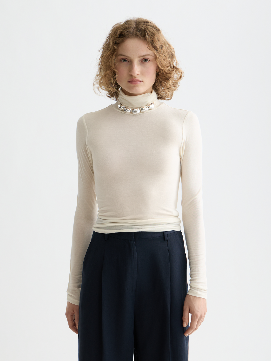 Essentials roll up neck long sleeve top - OFF WHITE