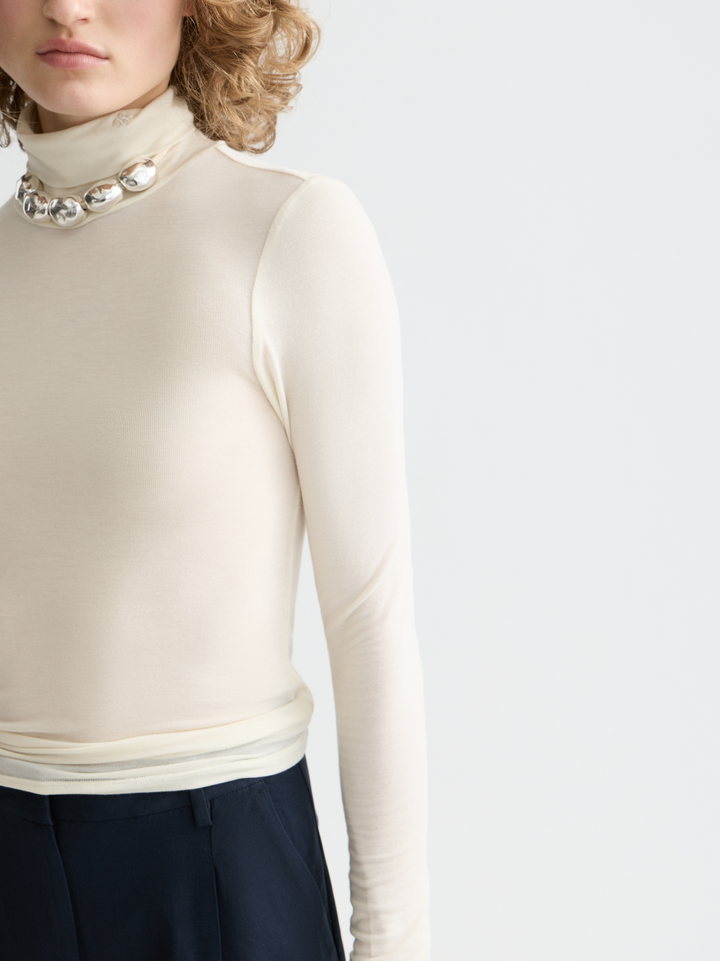 Essentials roll up neck long sleeve top - OFF WHITE