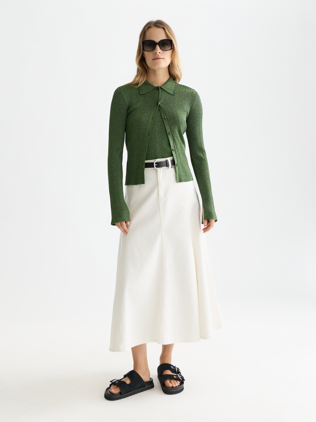 Metallic ribbed collared cardigan