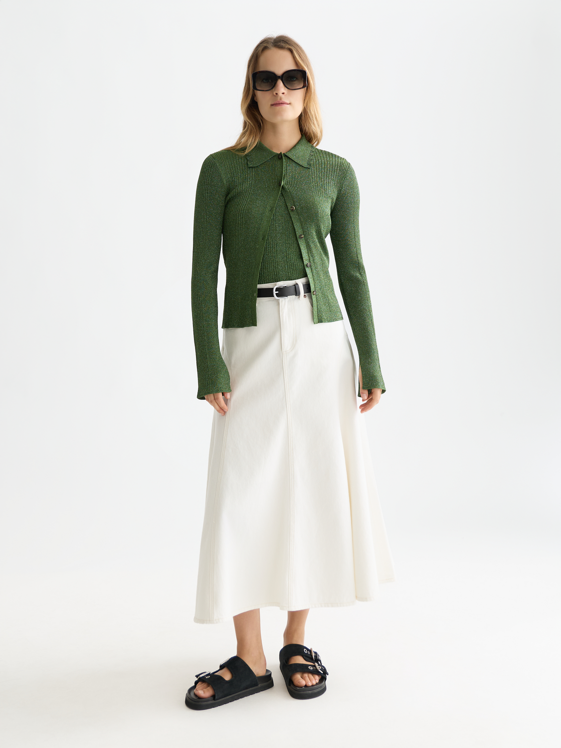 Metallic ribbed collared cardigan