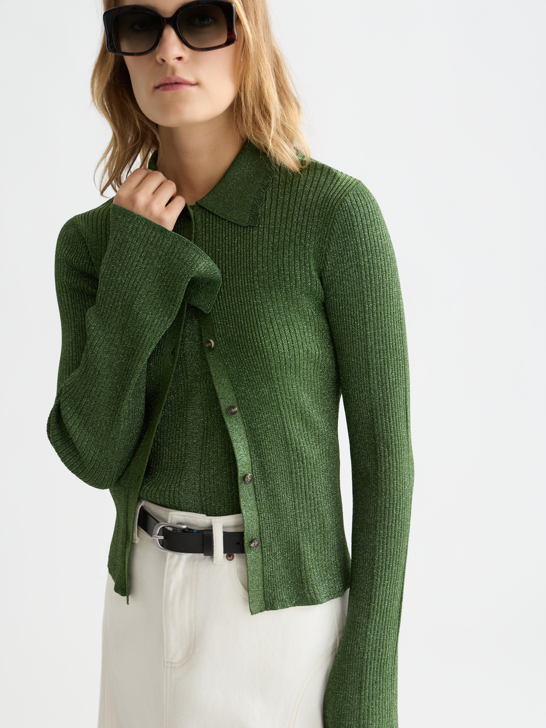 Metallic ribbed collared cardigan