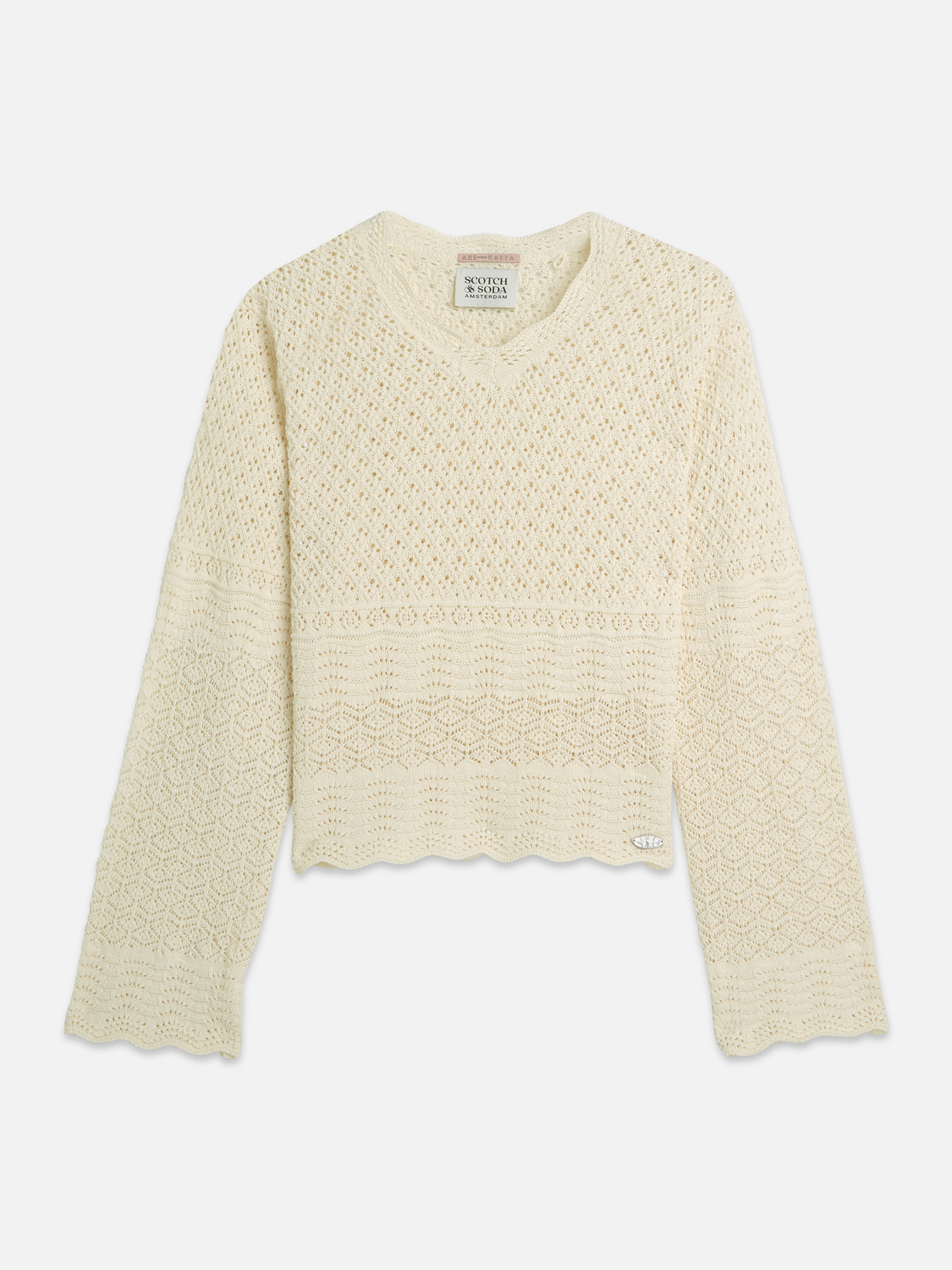 Pointelle stitch V neck pullover