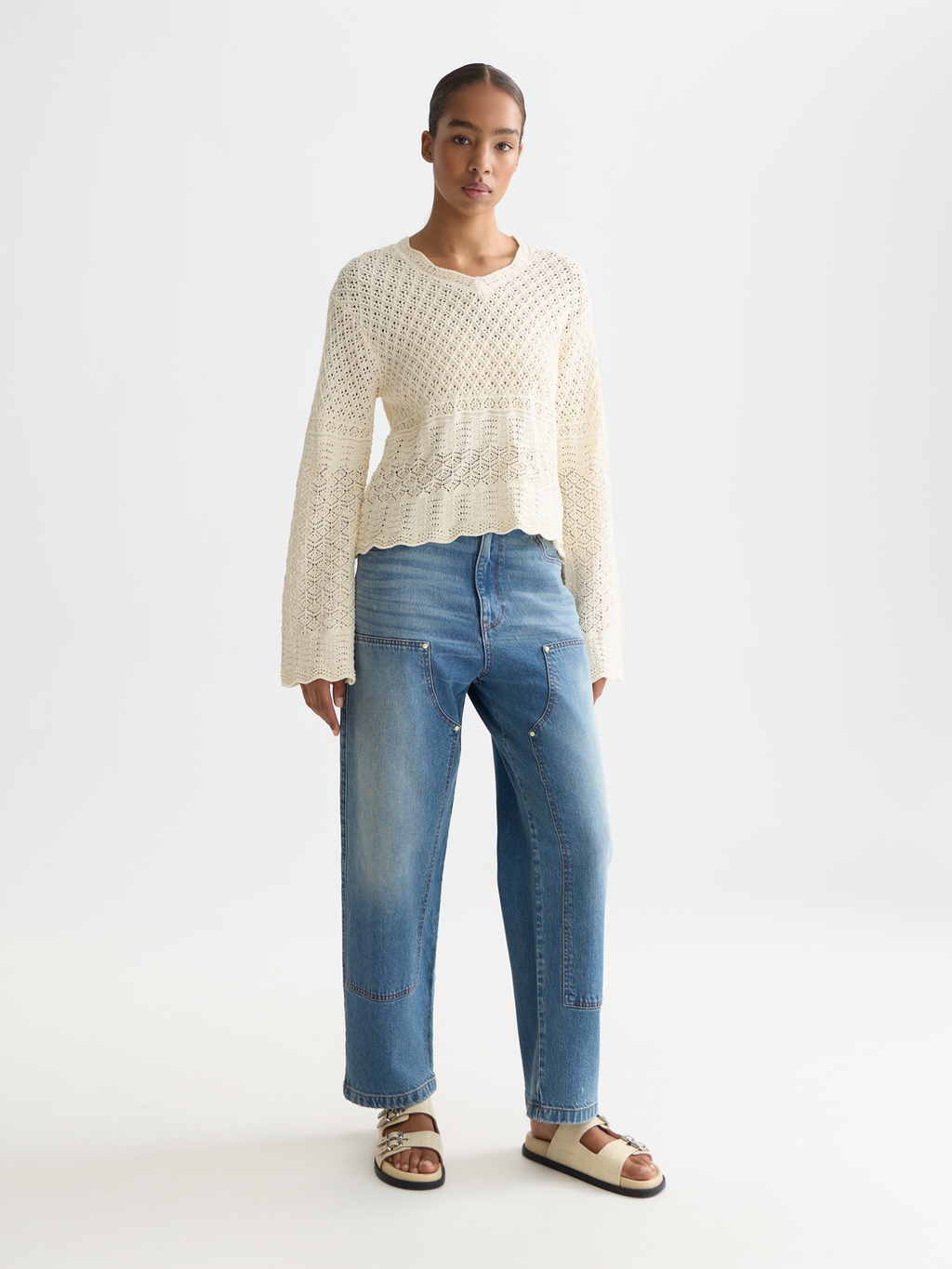 Pointelle stitch V neck pullover