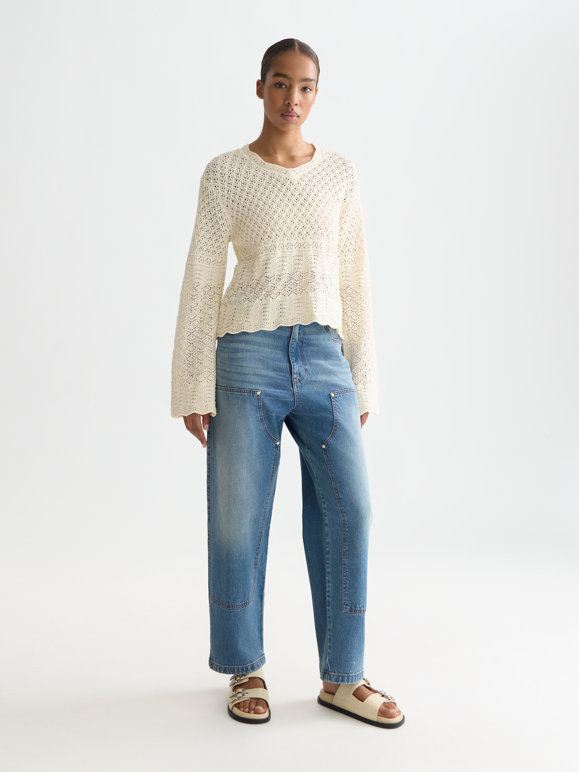 Pointelle stitch V neck pullover