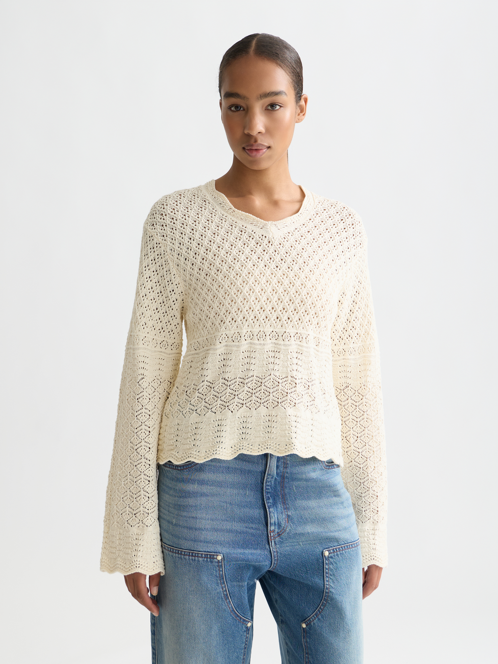 Pointelle stitch V neck pullover