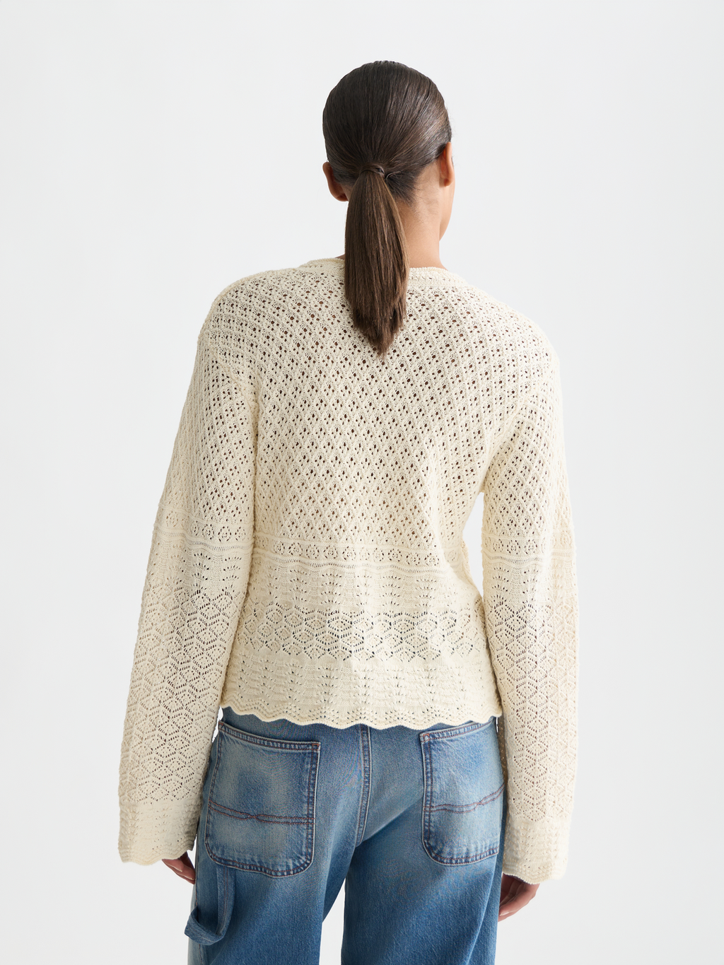 Pointelle stitch V neck pullover