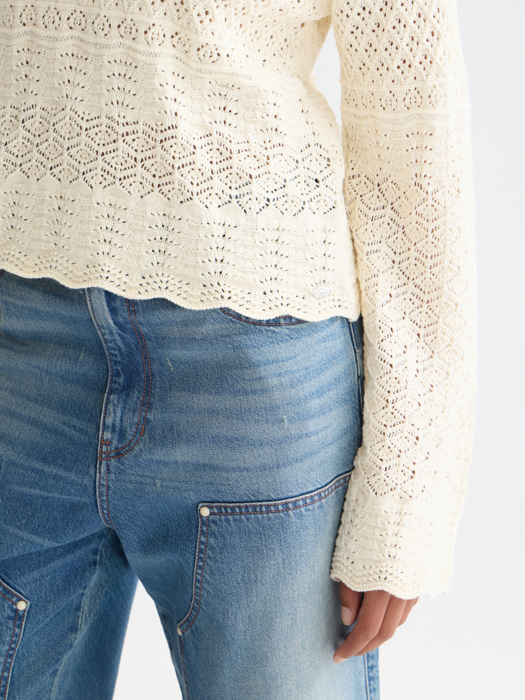 Pointelle stitch V neck pullover