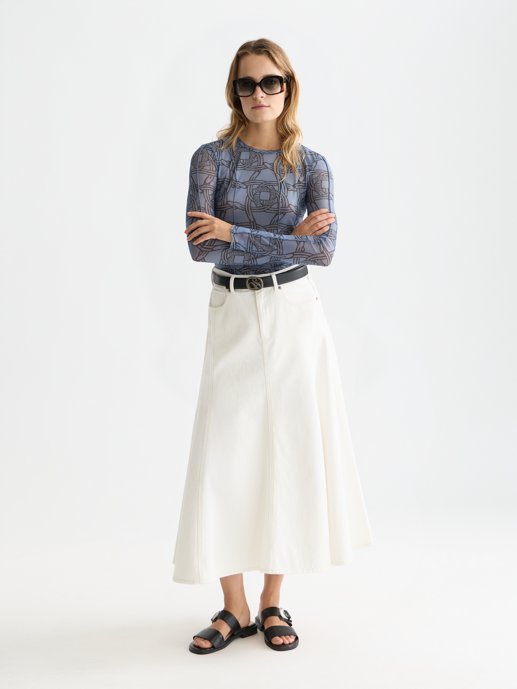 Printed mesh long sleeve top