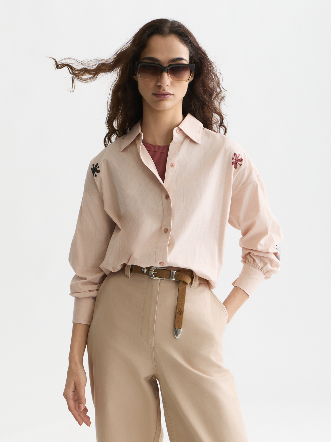 Striped embroidered oversized shirt