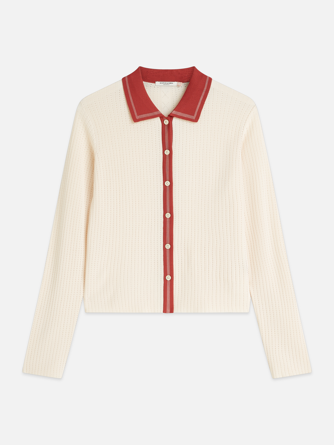 Pointelle knitted polo-neck cardigan