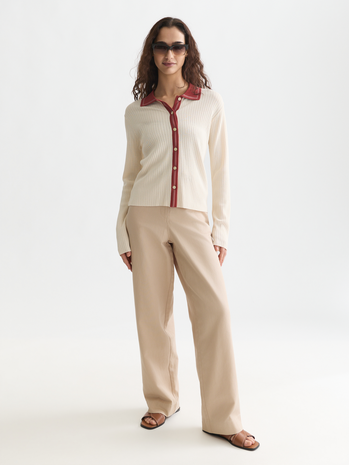 Pointelle knitted polo-neck cardigan