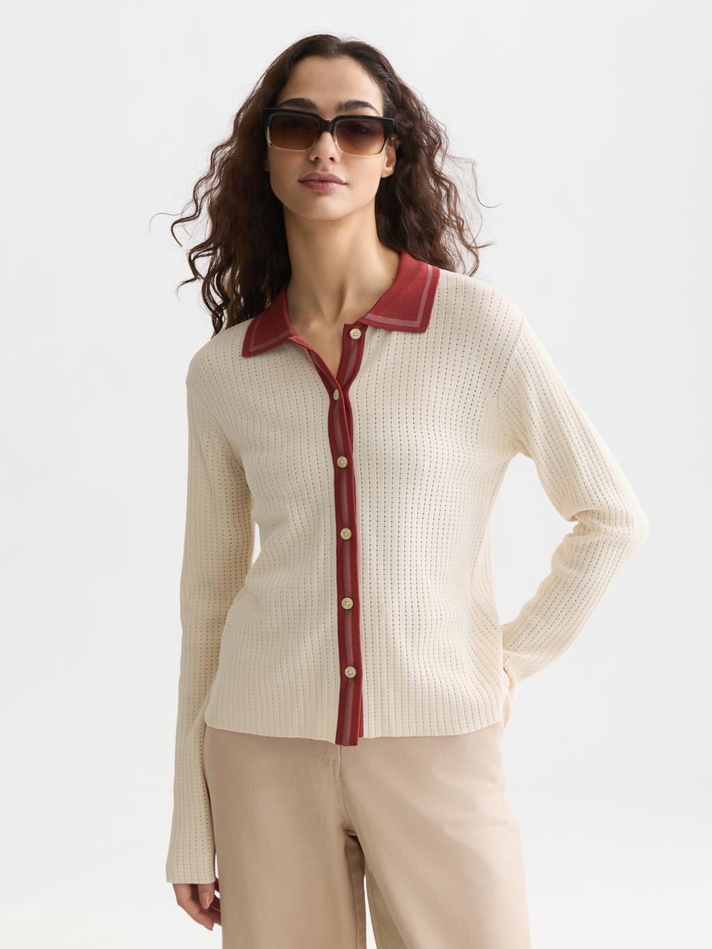 Pointelle knitted polo-neck cardigan
