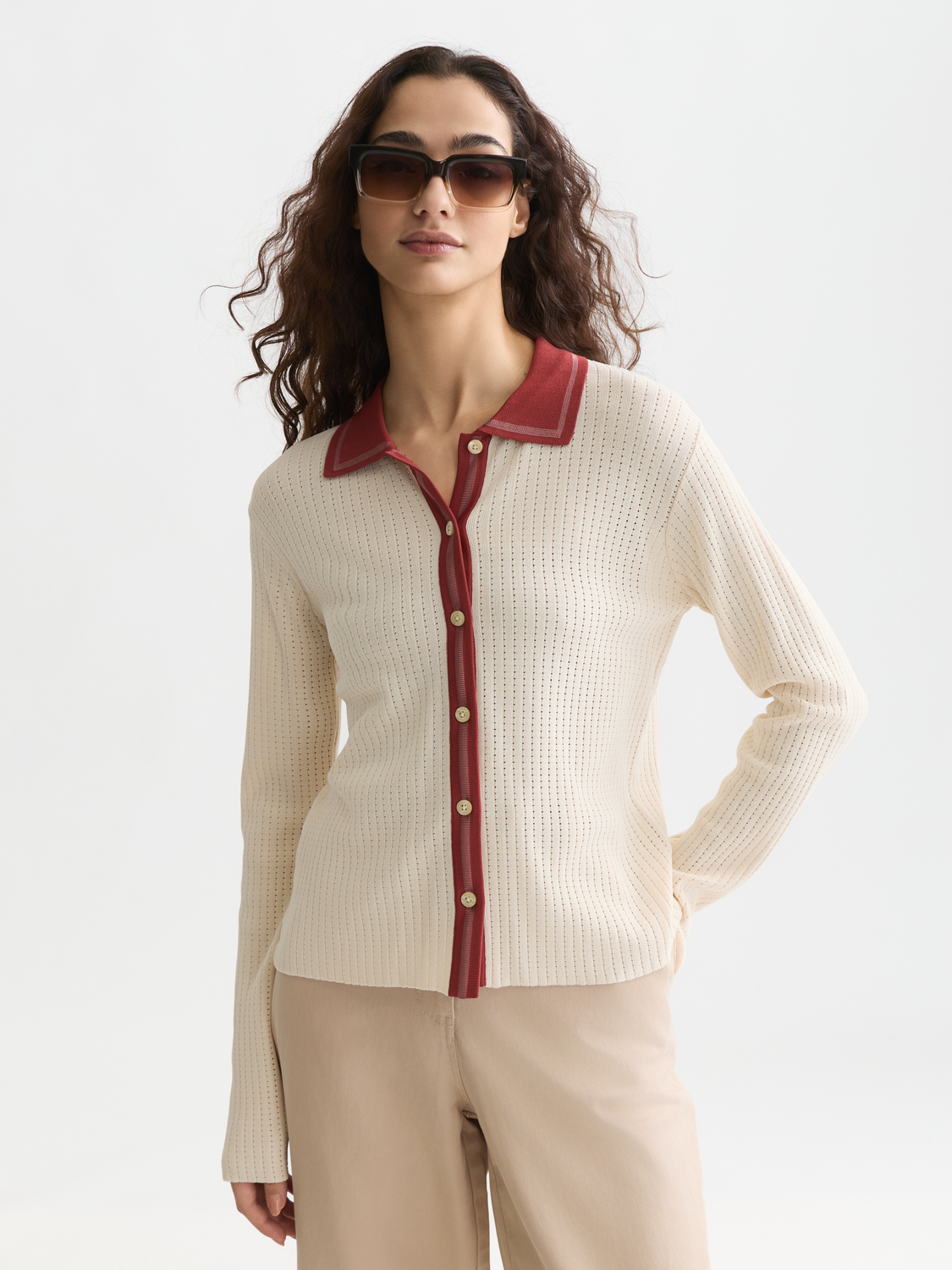 Pointelle knitted polo-neck cardigan