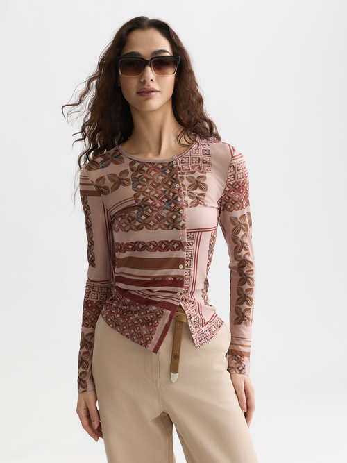 Printed mesh long sleeve T-shirt
