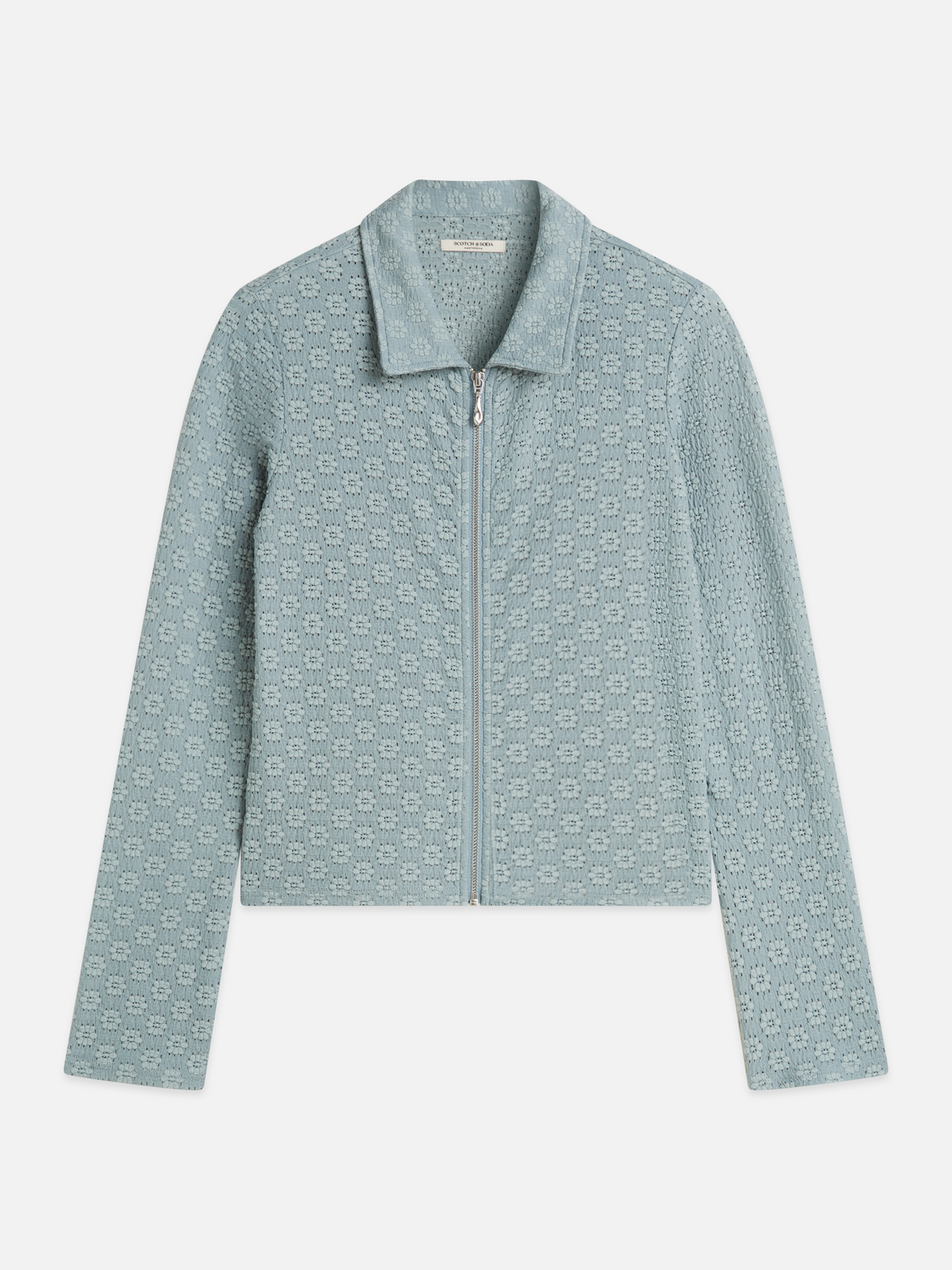 Open structure zip-up long sleeve top