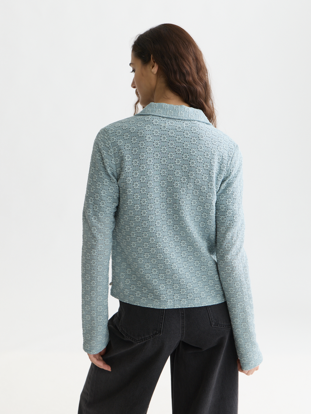 Open structure zip-up long sleeve top
