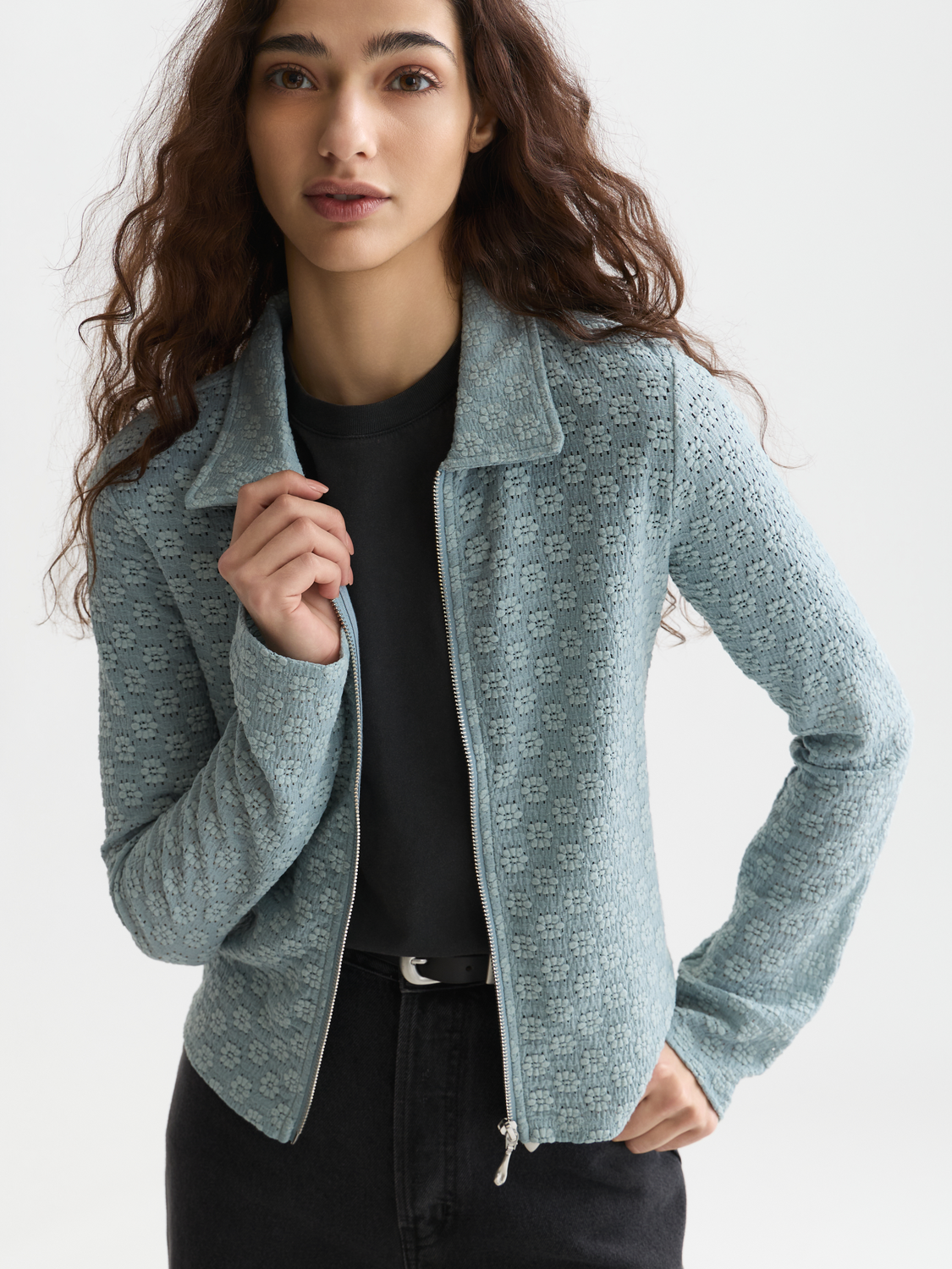Open structure zip-up long sleeve top