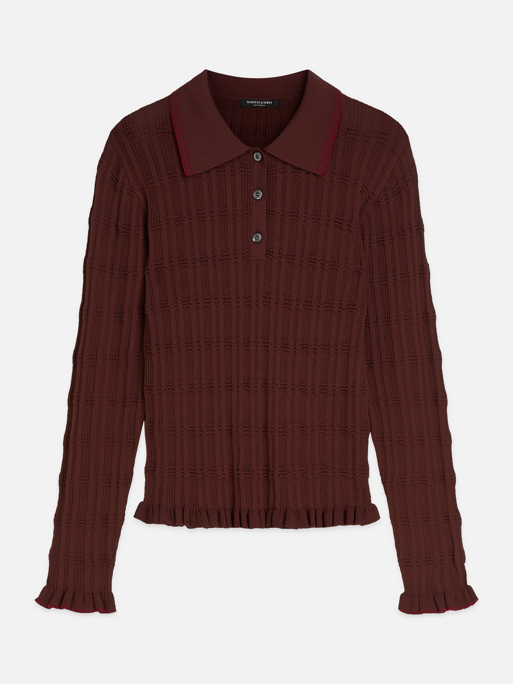 Ripple Stitch Viscose-Nylon Slim Polo-Neck Pullover