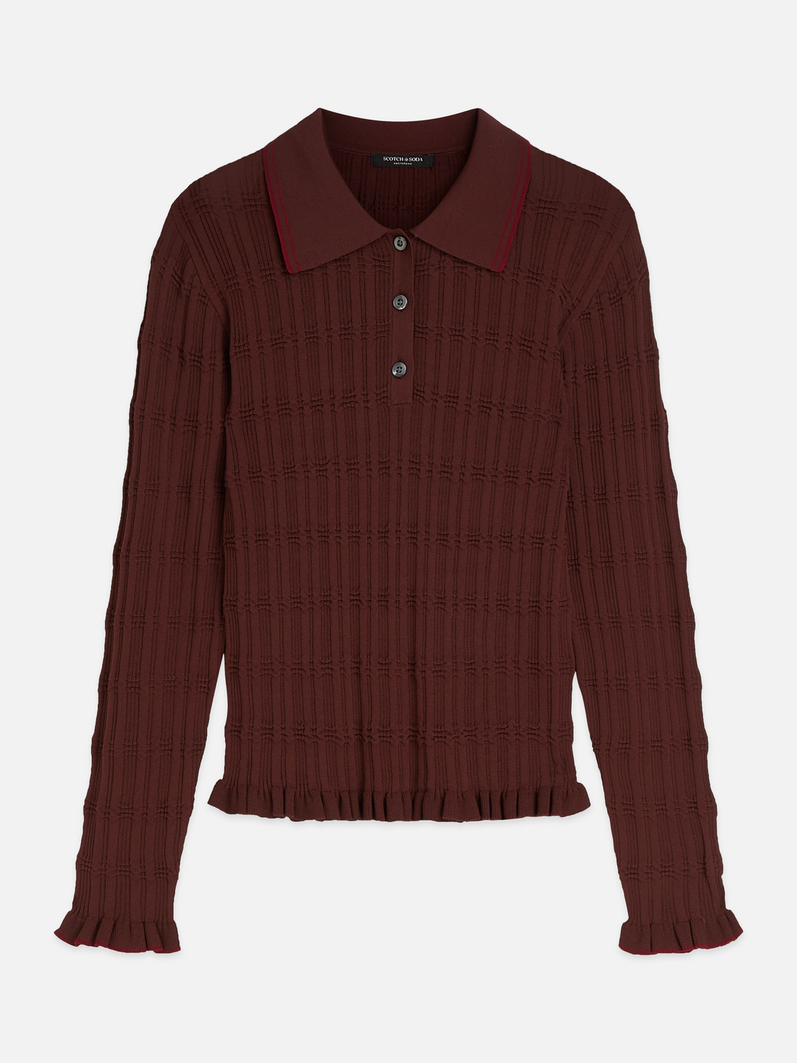 Ripple Stitch Viscose-Nylon Slim Polo-Neck Pullover
