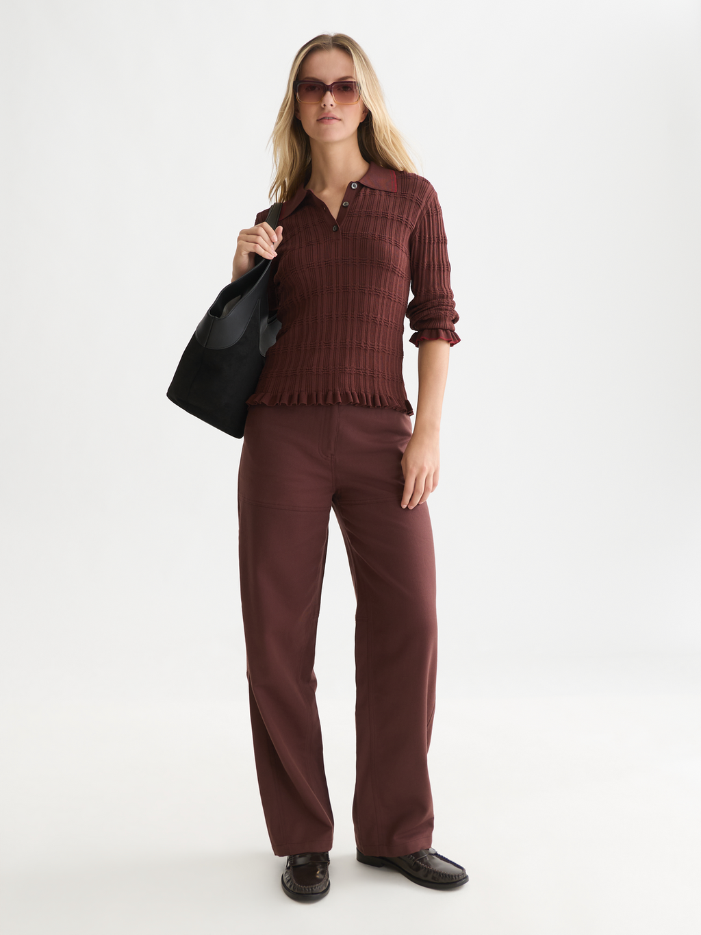 Ripple Stitch Viscose-Nylon Slim Polo-Neck Pullover