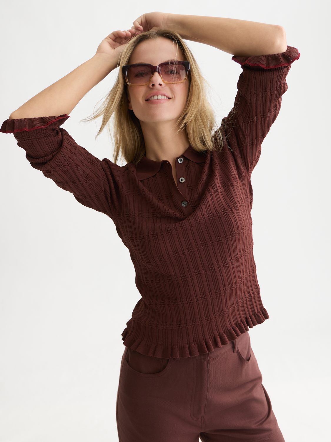 Ripple Stitch Viscose-Nylon Slim Polo-Neck Pullover