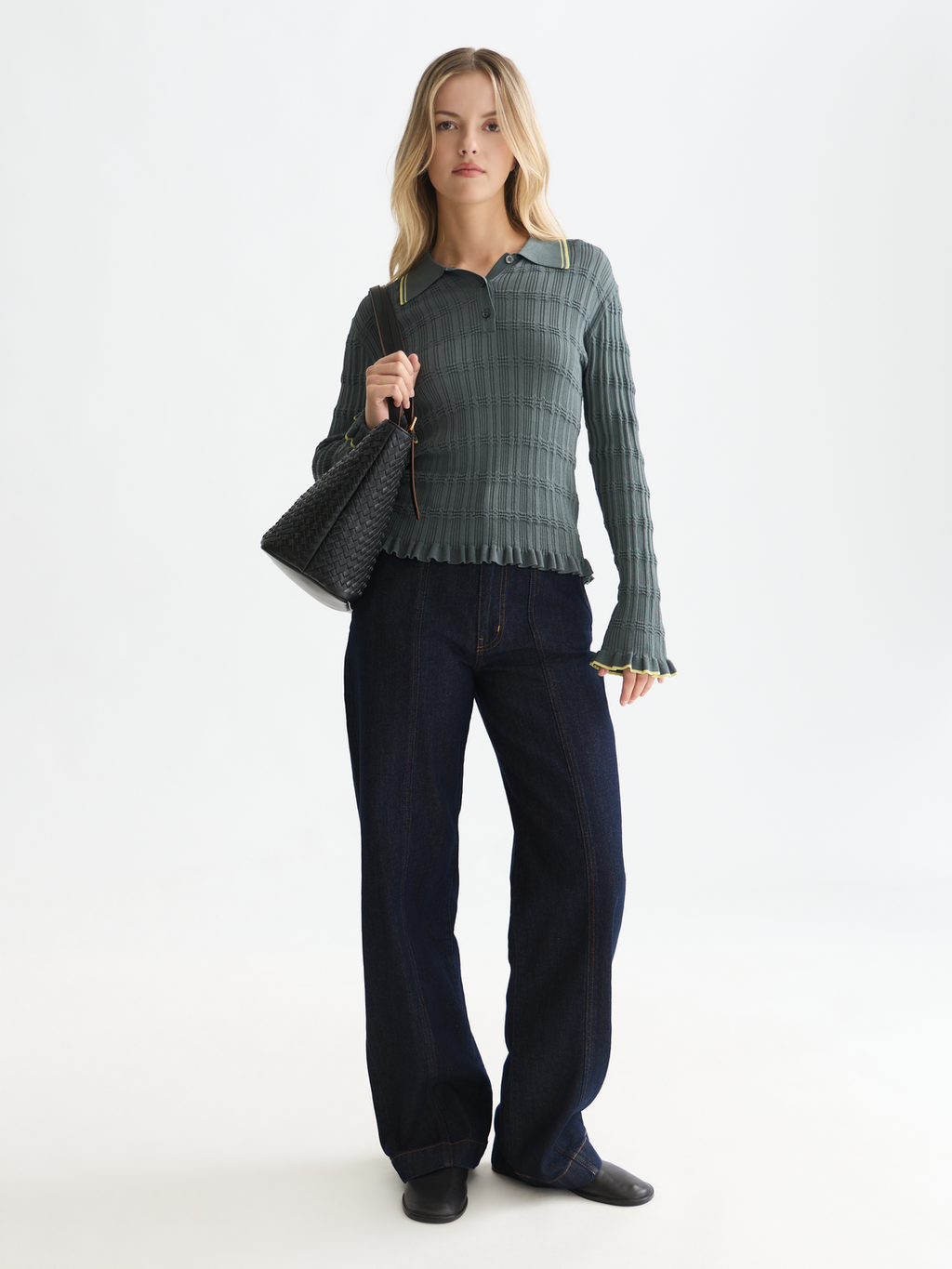 Ripple stitch long sleeve polo