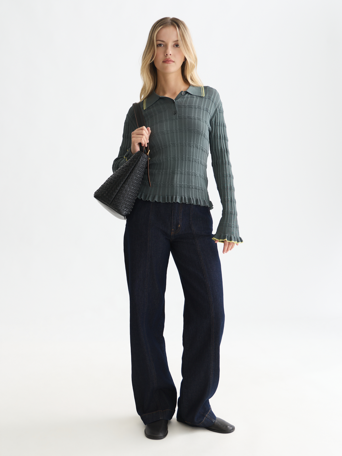 Ripple stitch long sleeve polo