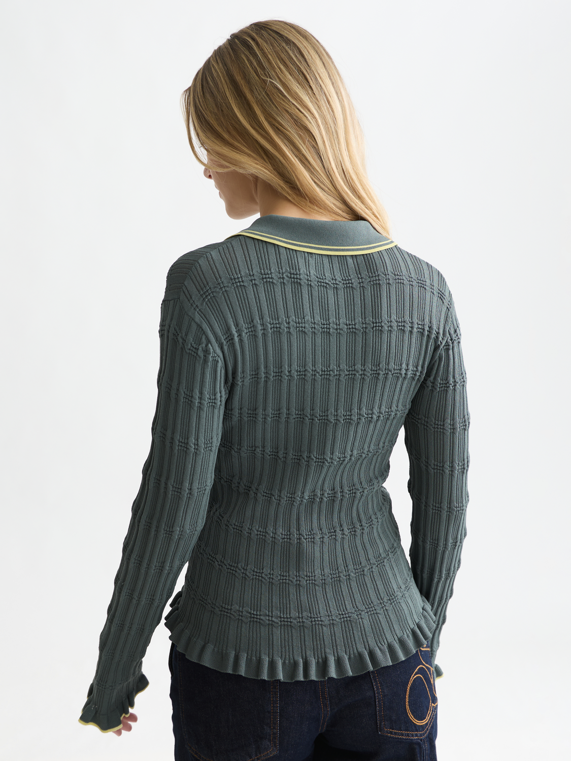 Ripple stitch long sleeve polo