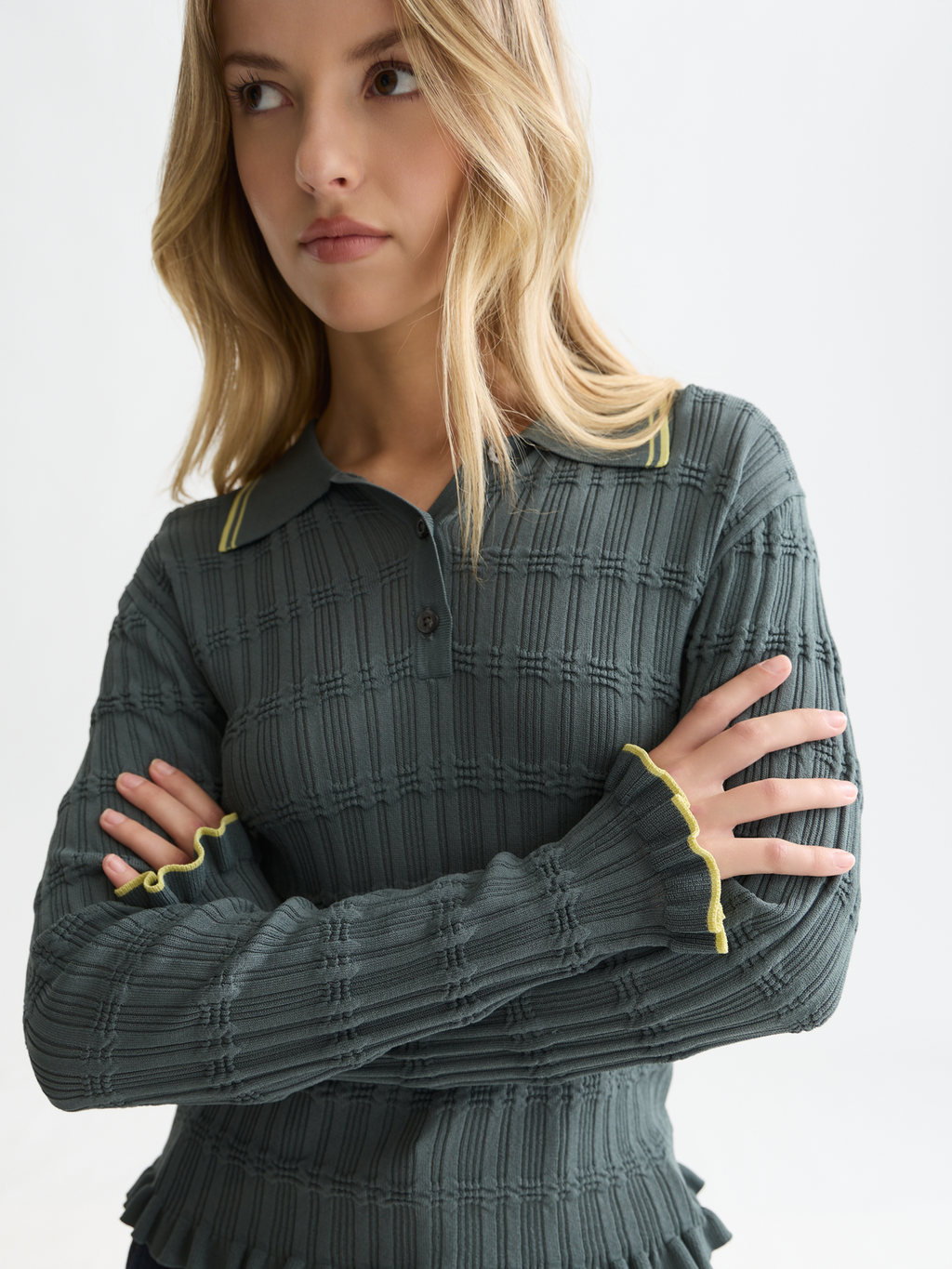 Ripple stitch long sleeve polo