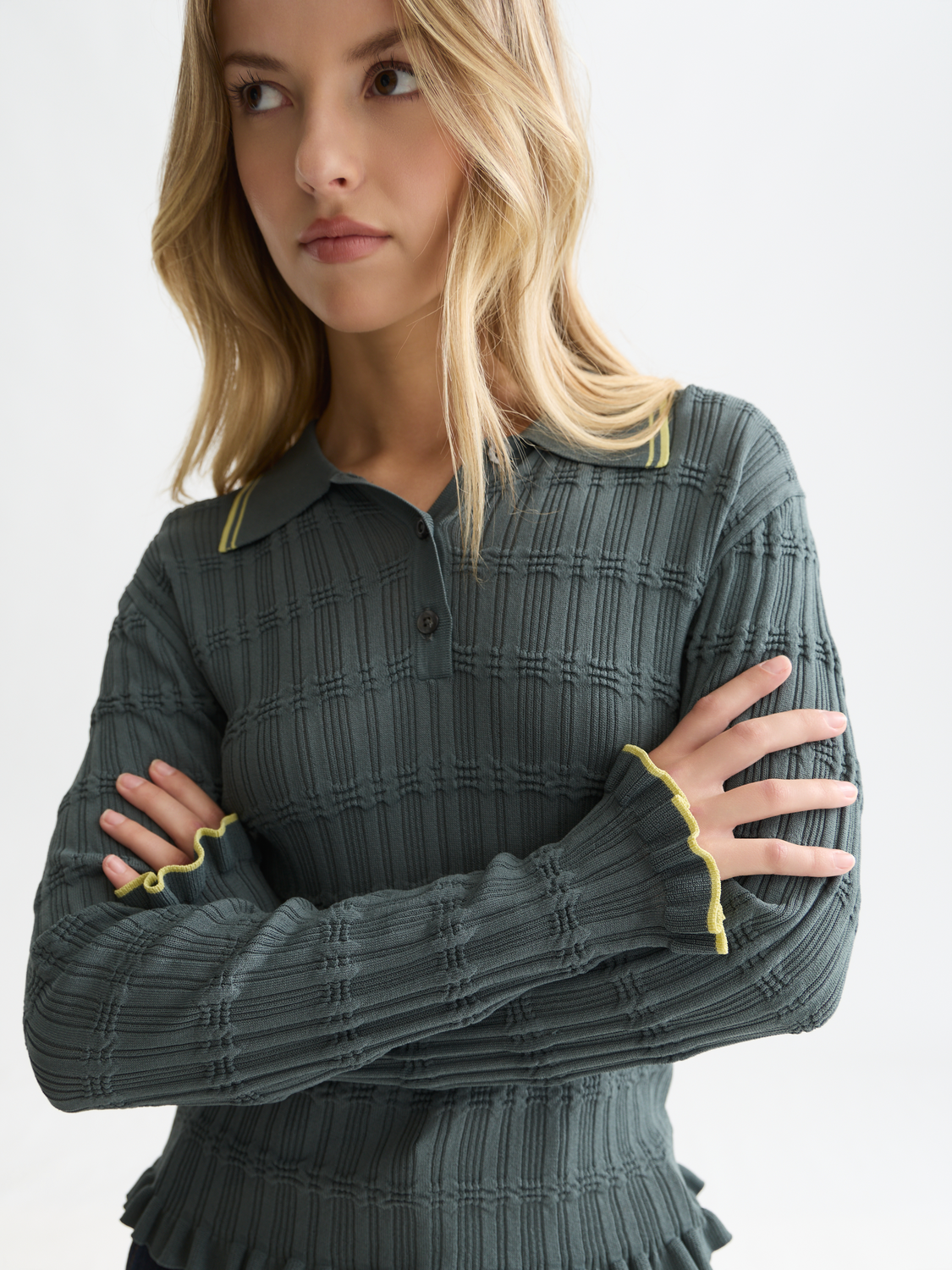 Ripple stitch long sleeve polo