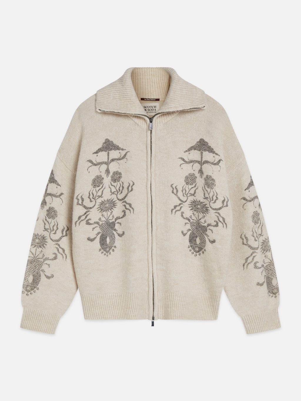Printed Zip-Up Wool-Blend Oversized Cardigan