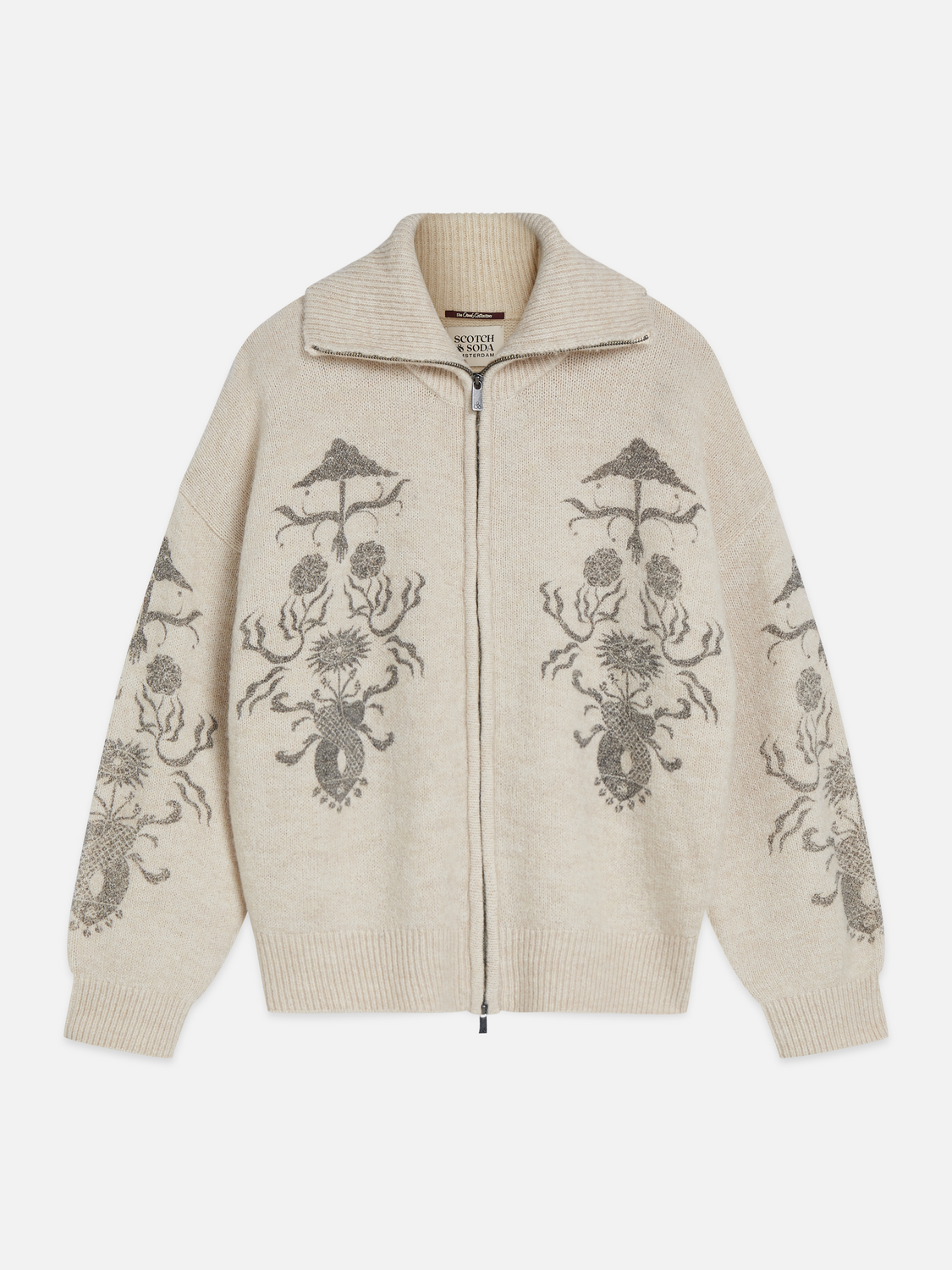 Printed Zip-Up Wool-Blend Oversized Cardigan