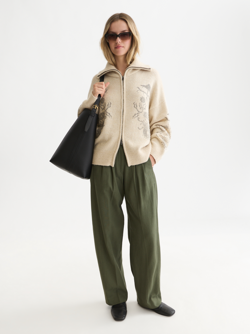 Printed Zip-Up Wool-Blend Oversized Cardigan