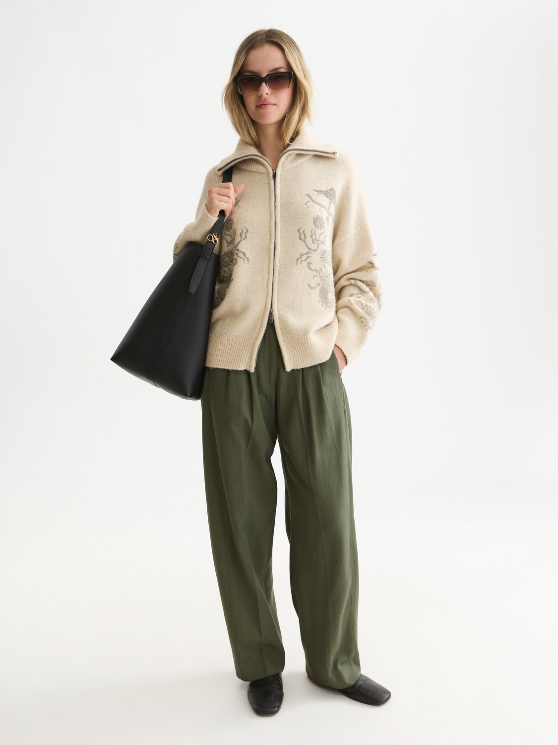 Printed Zip-Up Wool-Blend Oversized Cardigan