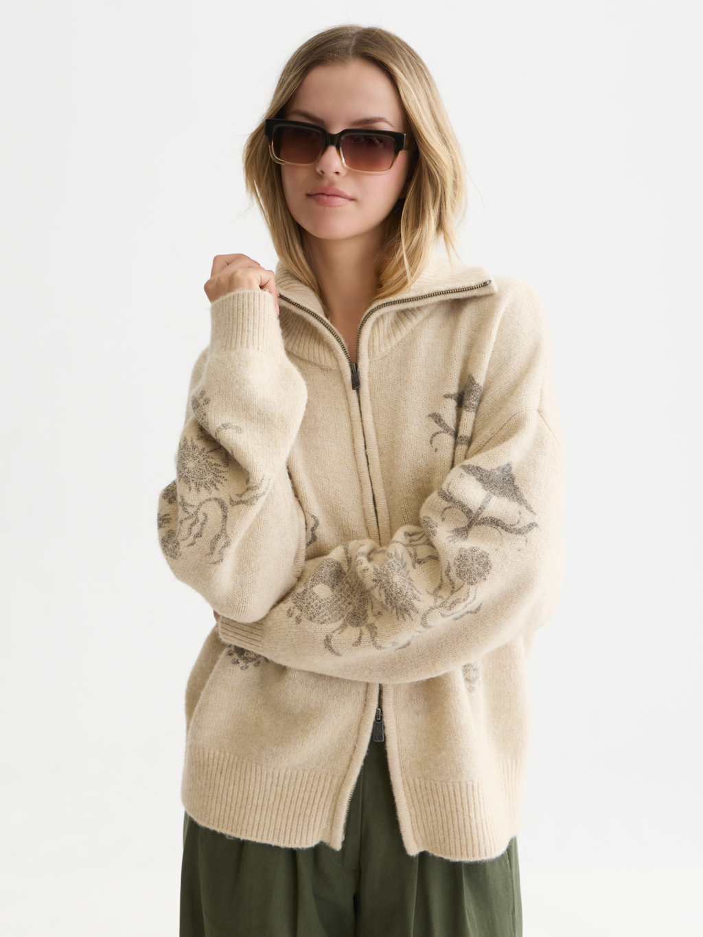 Printed Zip-Up Wool-Blend Oversized Cardigan